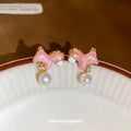 Pink Horse and Pearl Drop Stud Earrings With Polished Metal Details view 3