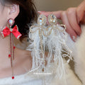 Red and White Bow Feather Tassel Statement Earrings view 1