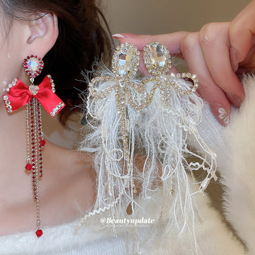 Red and White Bow Feather Tassel Statement Earrings