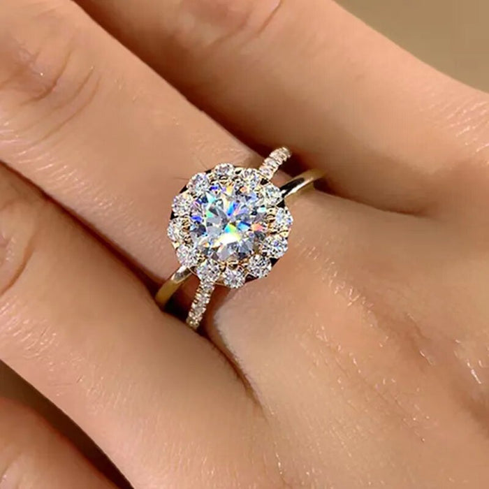 Gold Sunflower Halo Cross Band Clear Stone Ring Metal Alloy