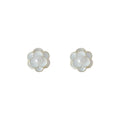 White Camellia Flower Stud Earrings Pearl Center Gold Tone Rim view 5