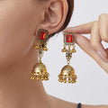 Square Top Ornate Gold Tone Bell Jhumka Long Dangle Earrings view 4