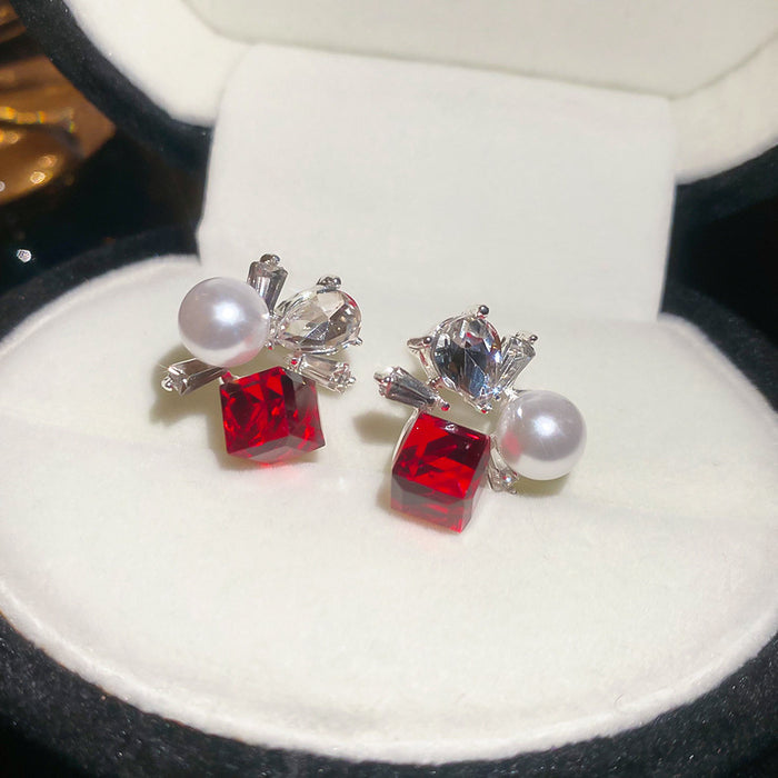 Silver Tone Red Crystal Flower Stud Earrings With Pearl Accents
