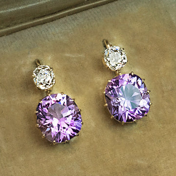 Gold Tone Purple Round Drop Earrings Clear Top Stone