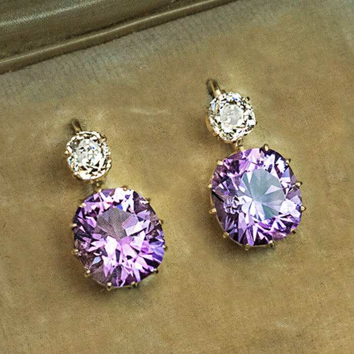 Gold Tone Purple Round Drop Earrings Clear Top Stone