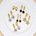 Gold Tone Evil Eye and Black Geometric Huggie Drop Earrings view 2