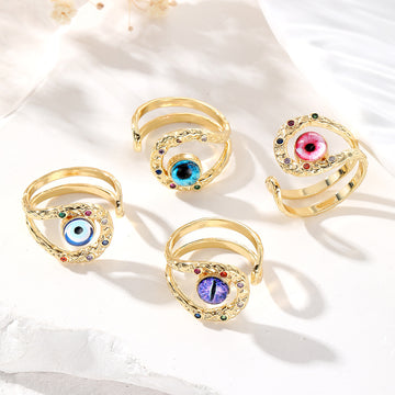 Gold Tone Multicolor Crystal Evil Eye Adjustable Rings