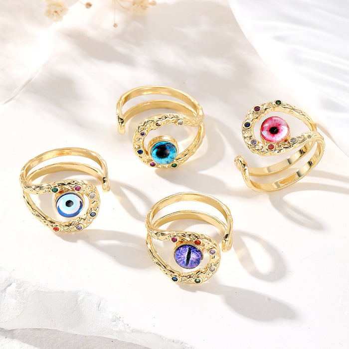 Gold Tone Multicolor Crystal Evil Eye Adjustable Rings