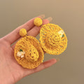 Woven Straw Disc Drop Earrings in Yellow and Ivory view 6