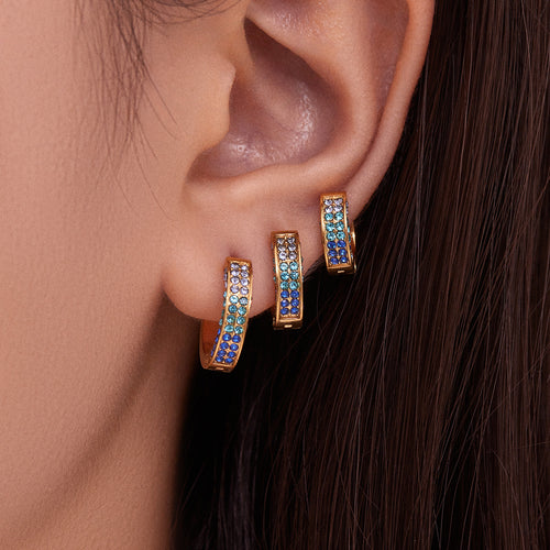 Display view of double row multicolor crystal hoop earrings in main image 2.