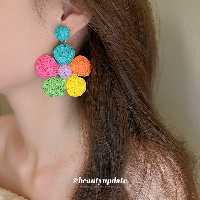 Multicolor Woven Disc Flower Drop Earrings with Polished Metal Accents