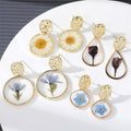 Gold Tone Geometric Resin Pressed Flower Drop Stud Earrings view 1