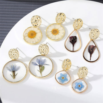 Gold Tone Geometric Resin Pressed Flower Drop Stud Earrings