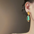 Turquoise Blue Rectangle Drop Earrings with Amber Studs view 4