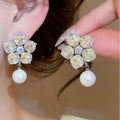 Iridescent Crystal Flower Stud Earrings with Round White Pearl Drops view 2