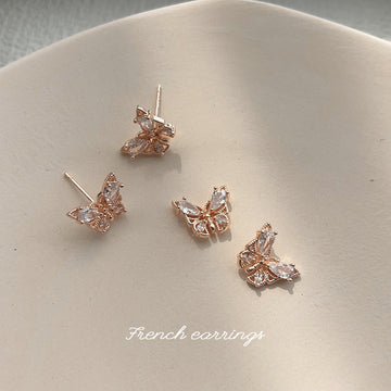 Rose Gold Mini Butterfly Stud Earrings Clear Crystals