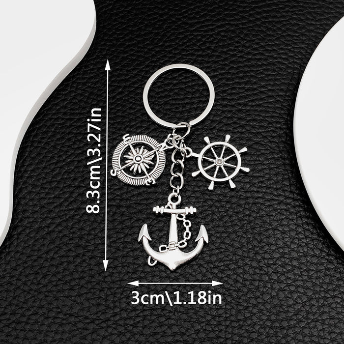 Antique Silver Anchor Ship Wheel and Compass Nautical Charm Keychain