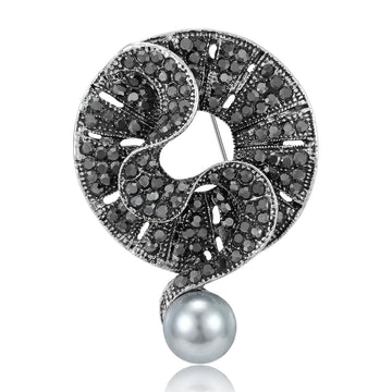 Black Crystal Scroll Ring Brooch With Hanging Gray Pearl