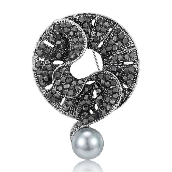 Black Crystal Scroll Ring Brooch With Hanging Gray Pearl