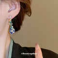 Blue Enamel Lute Drop Earrings with White Pearl Accents view 3