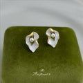 White Enamel Leaf Stud Earrings Green Center Pearl Gold view 4