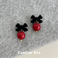 Black Flocked Bow Burgundy Ball Drop Stud Earrings Pair view 1