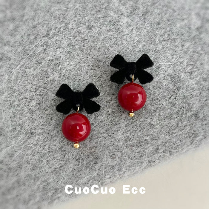 Black Flocked Bow Burgundy Ball Drop Stud Earrings Pair