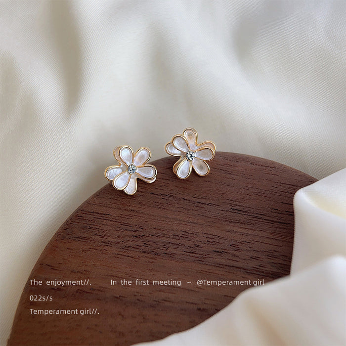 Gold Five-Petal White Enamel Flower Crystal Center Studs