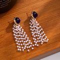 Purple and Blue Gray Cabochon Pearl Tassel Drop Earrings view 4