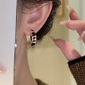 Silver Tone Brown Inlay Open Hoop Huggie Earrings Statement Pair view 4