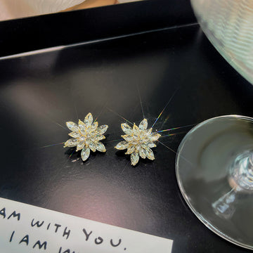 Gold Clear Crystal Snowflake Stud Earrings Marquise Burst