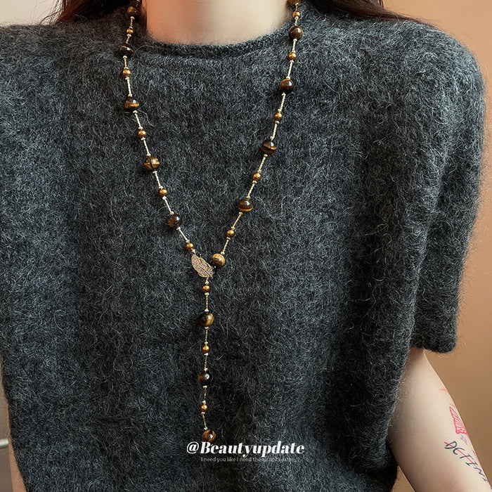 Gold Tiger Eye Bead Rhinestone Leaf Y Lariat Necklace