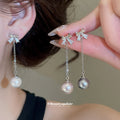 Crystal Bow Chain Earrings With Pearl Drops in Three Colors view 2