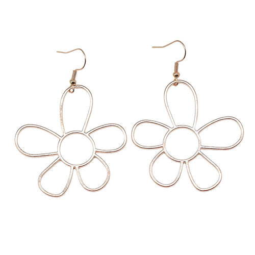 Close-up of open flower drop earrings showing open five-petal flowers suspended from fishhook ear wires