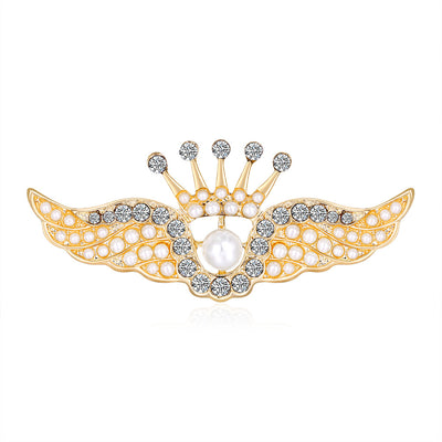 Front product view of the angel wing brooch pin in gold and silver