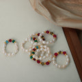 Stretch Pearl Bead Rings Red Green Faceted Stones Gold Accents view 2