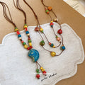 Brown Cord Colorful Ceramic Heart Bead Double Strand Necklace view 2