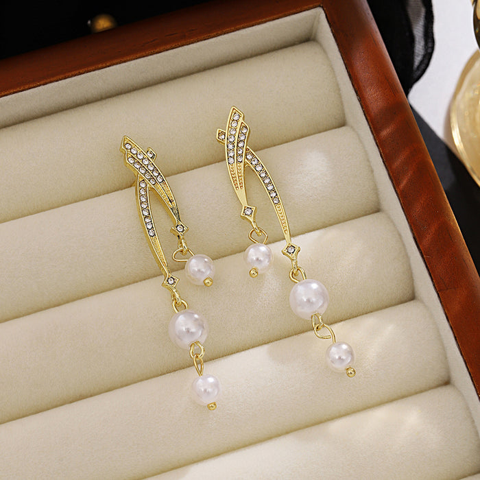 Gold Double Leaf Line Pearl Look Cascade Stud Earrings