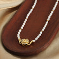 White Pearl Strand Necklace Gold Flower Pavé Clasp Metal view 3