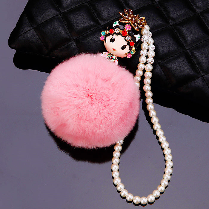 Opera Character Vehicle Hanging Ornaments with Pearl Strands and Faux Fur Poms