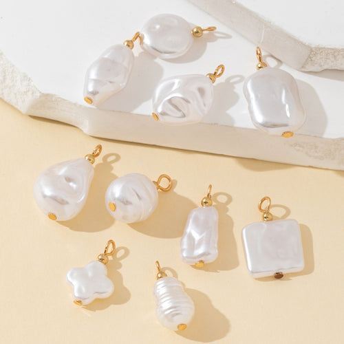 Faux pearl charm pendants in coin, nugget, flower and rectangle shapes with gold jump rings