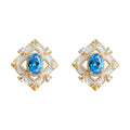 Gold Tone Geometric Halo Blue Oval Stone Stud Earrings view 5
