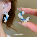 Blue Denim And Pearl Twisted Hoop Earrings Statement Jewelry view 4
