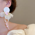 White Chiffon Flower Pink Tassel Stud Earrings Fashion Jewelry for Women view 3