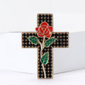 Crystal Cross Brooch With Red Rose in Black or Clear Stones view 2