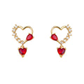 Gold Open Heart Red Crystal Drop Stud Earrings Pair view 5