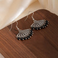 Silver Tone Fan Black Bead Fringe Long Hook Earrings view 4
