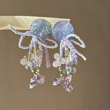 Blue Purple Shell and Crystal Branch Tassel Earrings