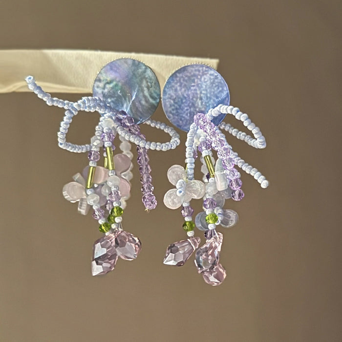 Blue Purple Shell and Crystal Branch Tassel Earrings
