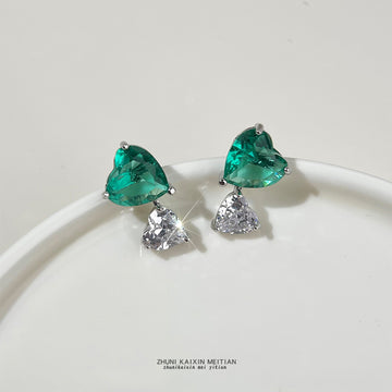 Green Heart Zirconia Stud Earrings Clear Heart Drop